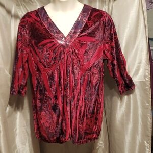 Live and Let Live. Soft Red & Black Velour; 3/4 Sleeve; Sequin V-Neck. Size 3X